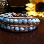 Blue Lace Agate Leather Wrap Energy Bracelet