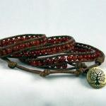 Carnelian On Brown Leather Wrap Bracelet, Energy..