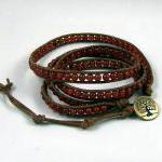 Carnelian On Brown Leather Wrap Bracelet, Energy..