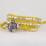 Yellow Leather Wrap Bracelet, Rose Design, Ladies..