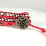 Pink Leather Wrap Bracelet, Tribal Design, Nugget..