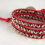 Pink Leather Wrap Bracelet, Tribal Design, Nugget..