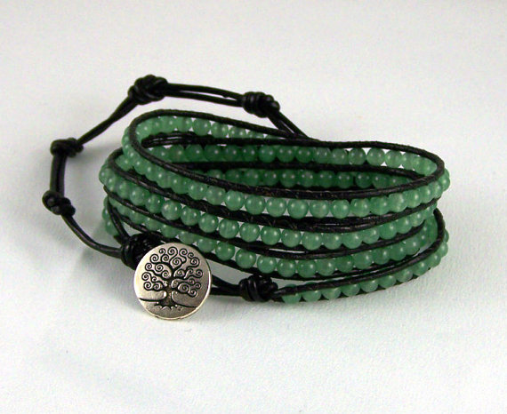 Aventurine Leather Wrap Energy Bracelet, Tree Of Life Closure Bracelet, Energy Jewelry, Unique Jewelry, Chrismas Gift Idea,