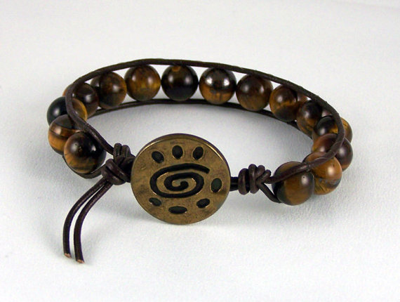Steady Tiger Eye Leather Wrap Bracelet With Tribal Closure, Meditation Bracelet, Gift Ideas,