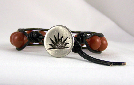 Meditative Red Coral Leather Wrap Bracelet With Horizon Closure, Men's Gift Idea, , Energy Bracelet