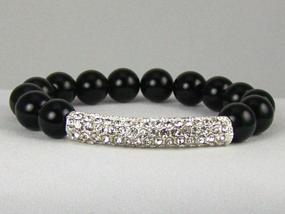 Grounding Black Onyx Energy Bracelet With Rhinestone Accent Bead, Great Gift Ideas,