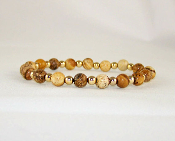 Loyalty Picture Jasper Meditation Bracelet Set With 14k Gold Filled Accent Beads, Yoga Inspired,