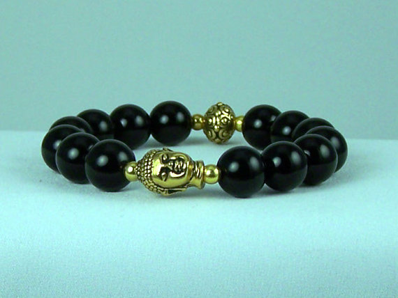 Defending Black Onyx Meditation Bracelet With Buddha And Yogi Accent Beads, Energy Bracelet, Yoga Bracelet,