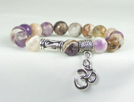 Protection Agate Bracelet With Ohm Charm And Accent Bead, Yoga Inspired,