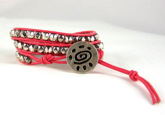Pink Leather Wrap Bracelet, Tribal Design, Nugget Bracelet, Teen Jewelry, Unique Gift Idea, , Available In All Colors