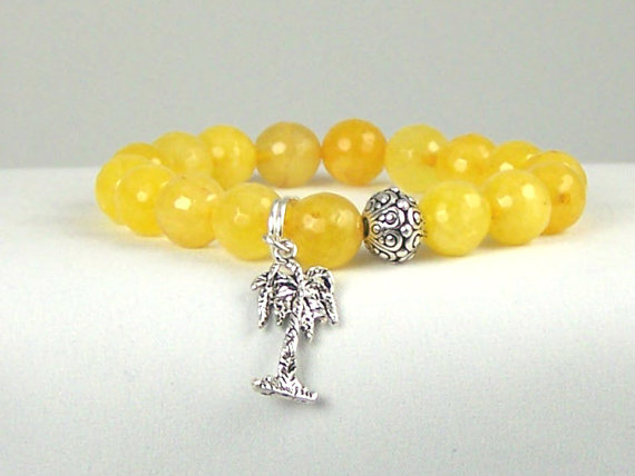 Yellow Moroccan Jade Bracelet With Palm Tree Charm And Yogi Accent Bead, Meditation Bracelet, Energy Jewelry,
