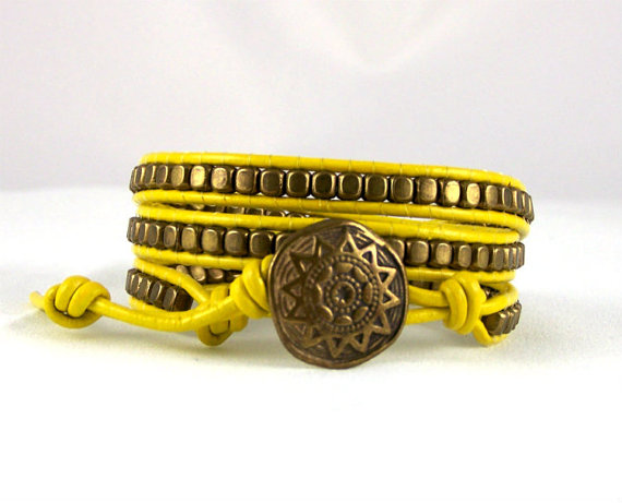Bronze & Yellow Leather Wrap Bracelet With A Tribal Closure, Yellow Bracelet, Leather Jewelry, All Sizes, All Colors,