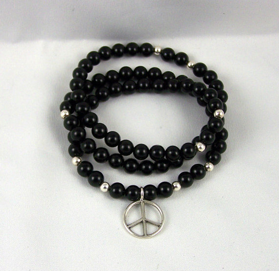 Black Onyx Energy Bracelet Or Necklace With Sterling Silver Peace Charm, Meditation Bracelet, Yoga Inspired