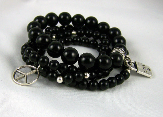Black Onyx Meditation Bracelet Set With Charms, Great Gift Idea, Yoga Bracelet, Energy Jewelry,
